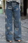 Široke Jeans Hlače z vzorcem vrtnic