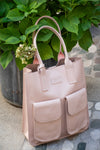 Leather bag with external pockets in two colors