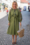 Boho olivno zelena Obleka z vezenino